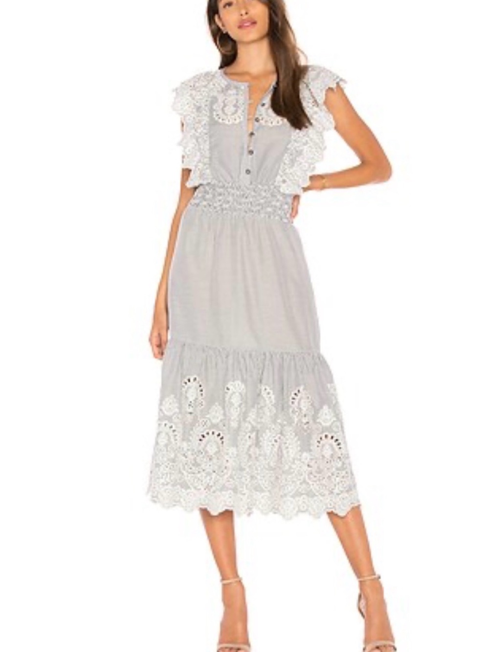 Revolve SAYLOR Light Gray Midi Dress with White Lace Trim